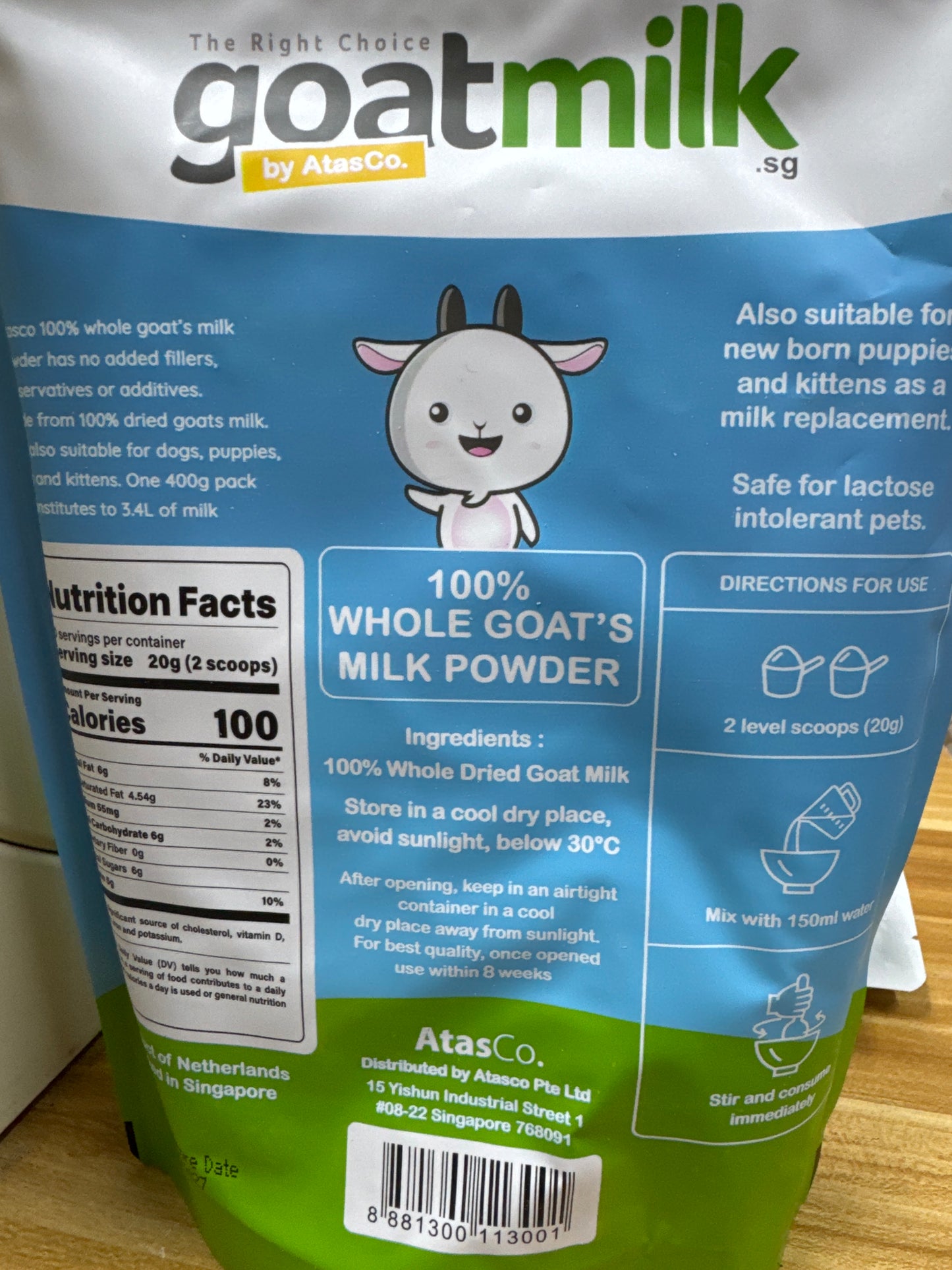100% Whole Goat Milk 400g by AtasCo. Expiry 6/2027 suitable for humans, new born puppies, cats and baby chinchillas, rabbits. Safe for lactose intolerant pets