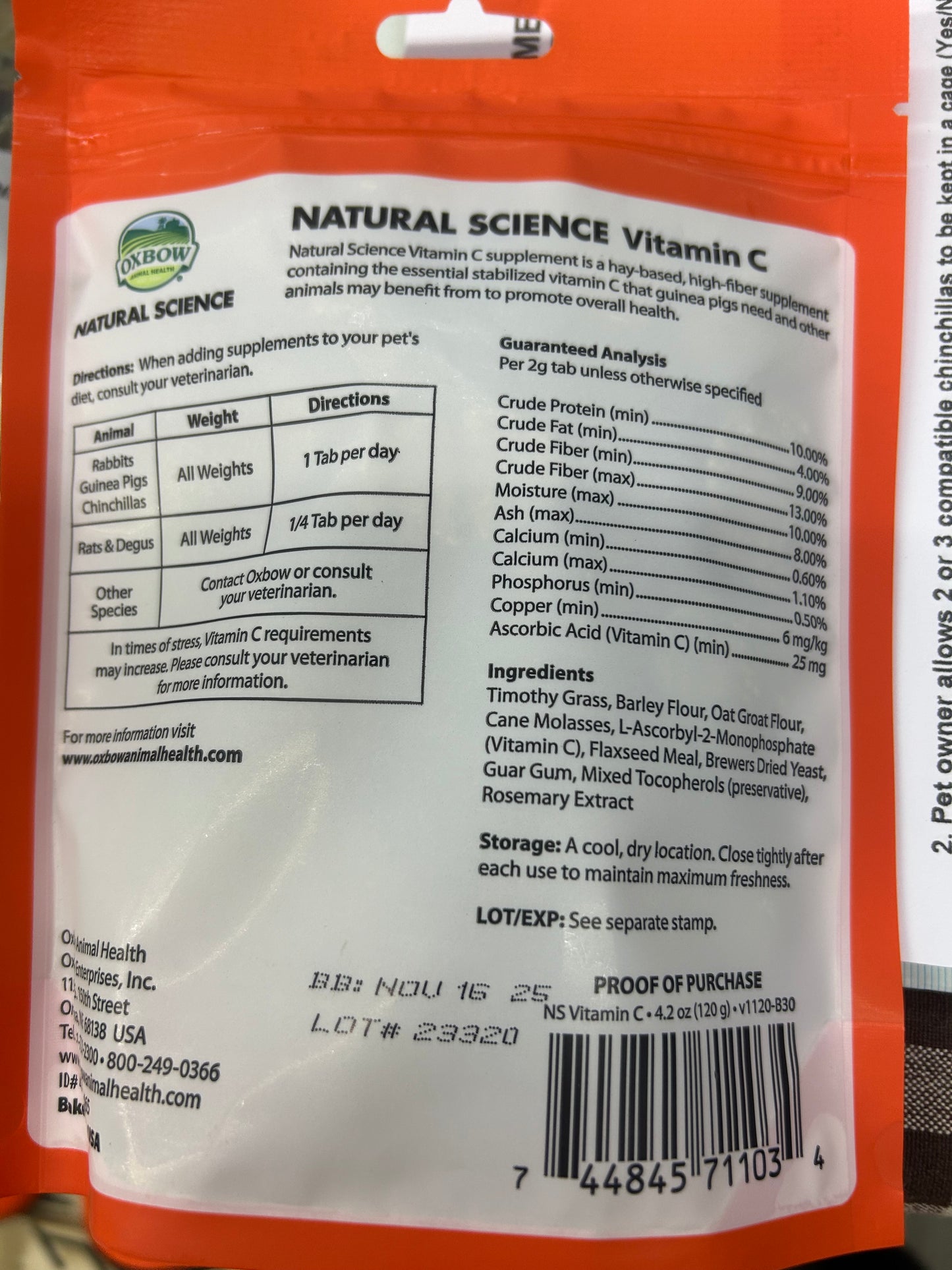 Oxbow Vitamin C 60 tablets Expiry Feb 2027