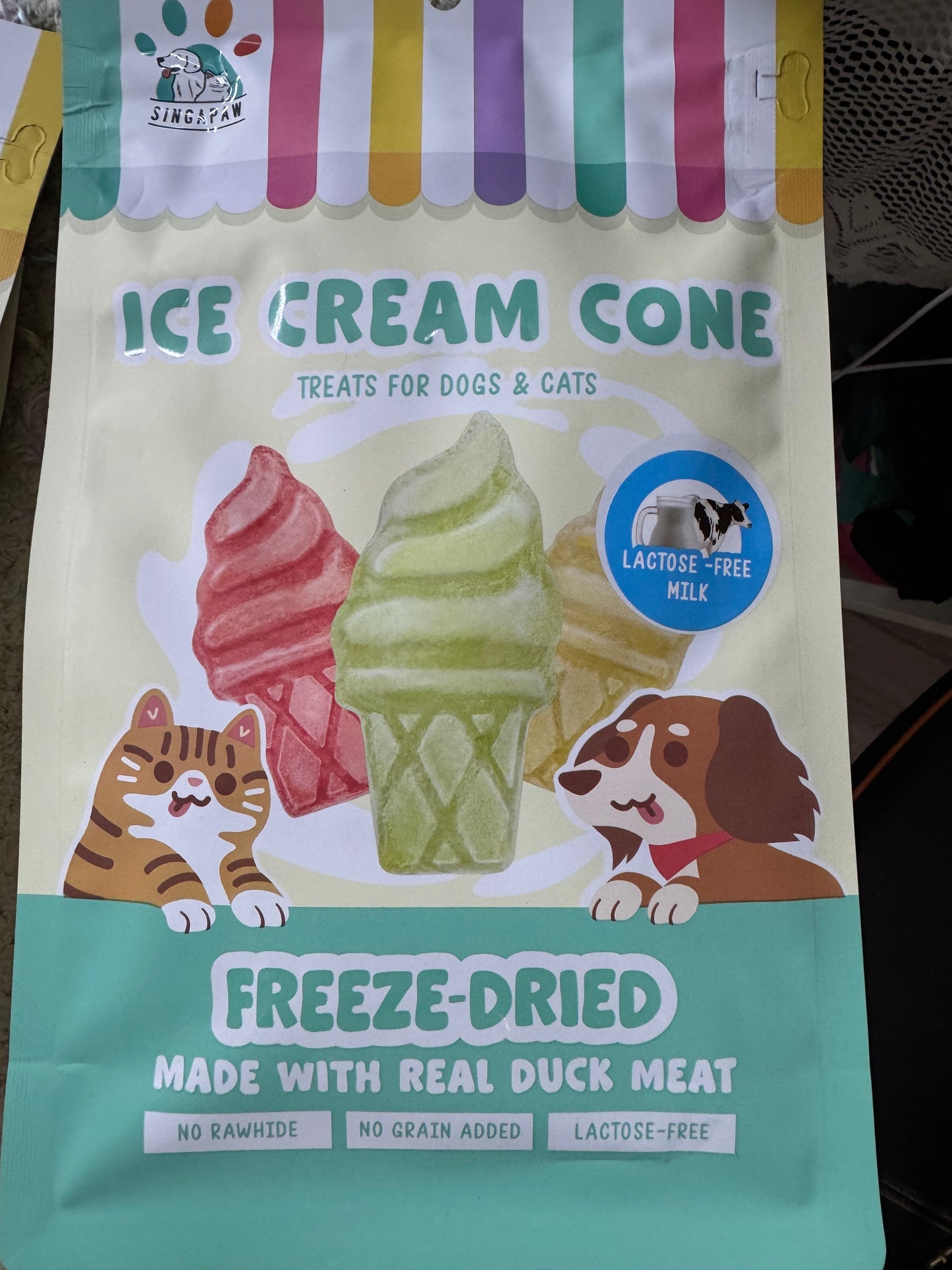 Freeze Dried Ice Cream Cone Treats for Dogs and Cats made with duck meat