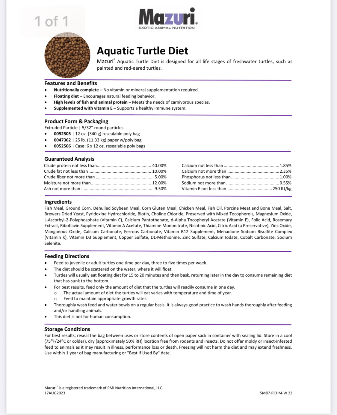 Mazuri 5M87 Turtle Pellets floating small grains Expiry April 2026