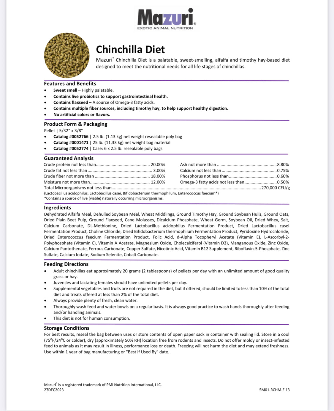 Mazuri 5M01 Chinchilla Pellets Expiry April 2026