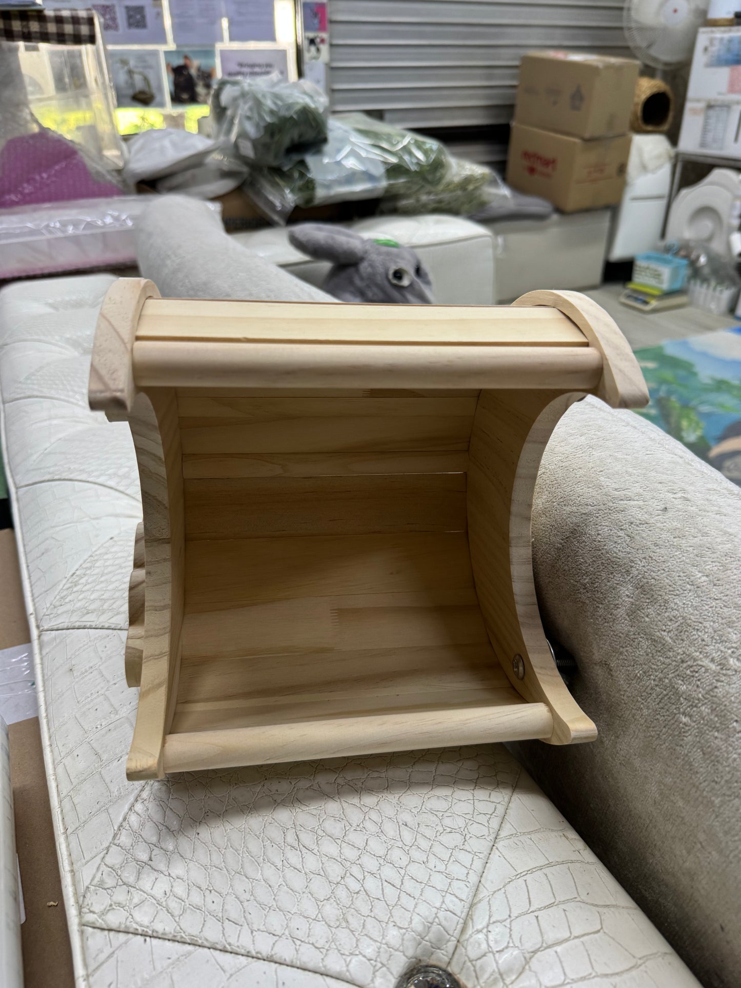 Crescent wooden house attachable to cage