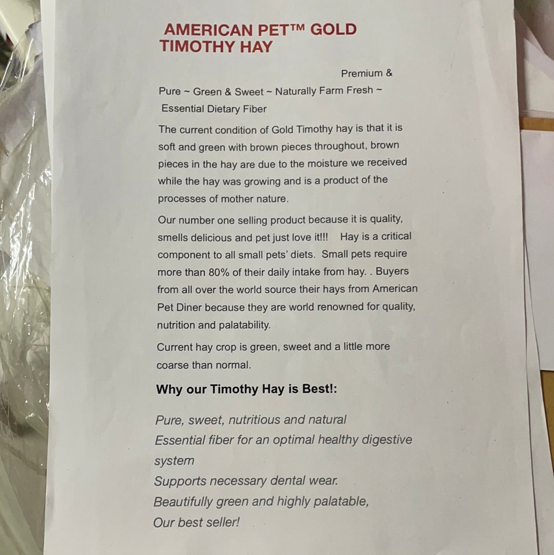 American Pet Diner APD Gold Timothy Hay soft 10/2026 highly palatable/ popular batch (taste test or sample avail) please return good hay bits ๐