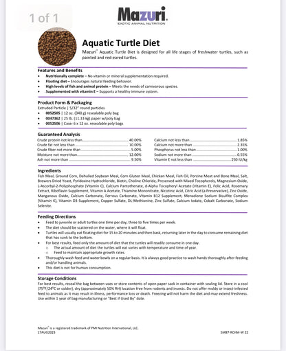 Mazuri 5M87 Turtle Pellets floating small grains Expiry April 2026