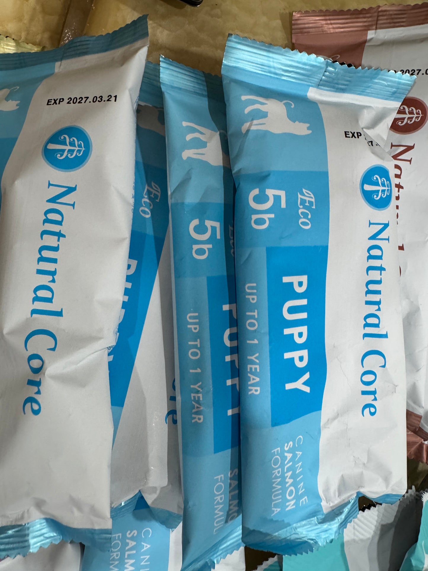 Natural Core organic dog food kept in aircon shop, individual smaller packs