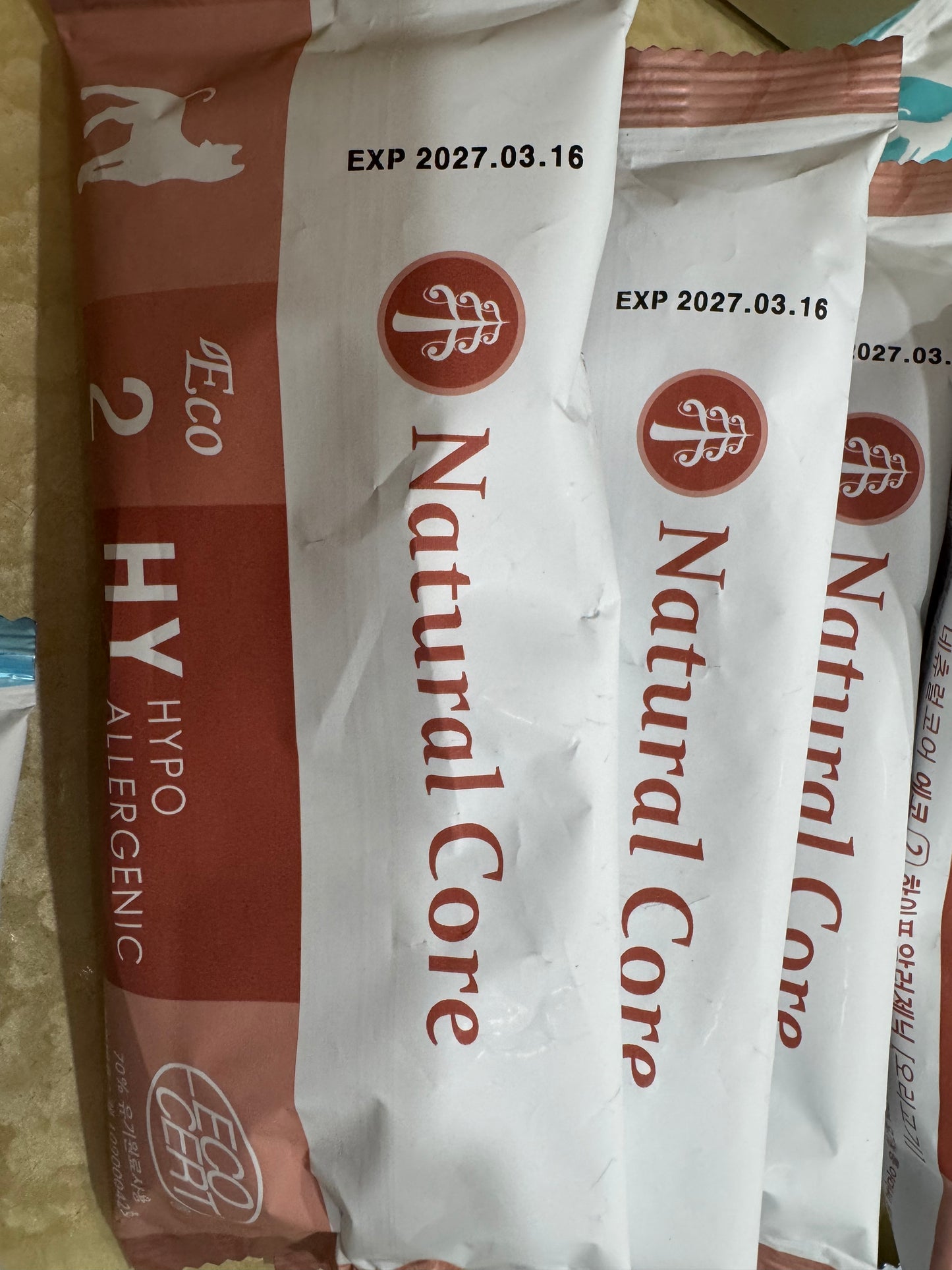 Natural Core organic dog food kept in aircon shop, individual smaller packs