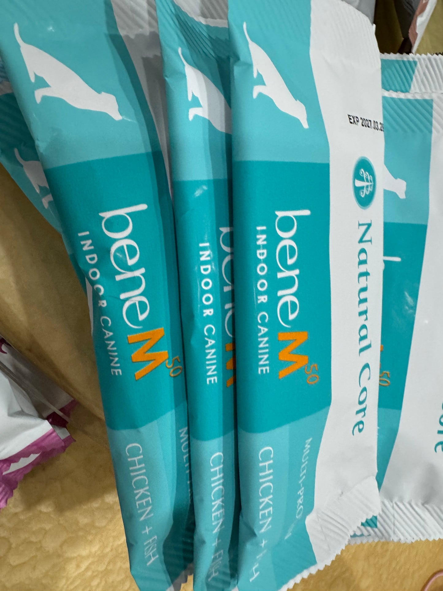 Natural Core organic dog food kept in aircon shop, individual smaller packs