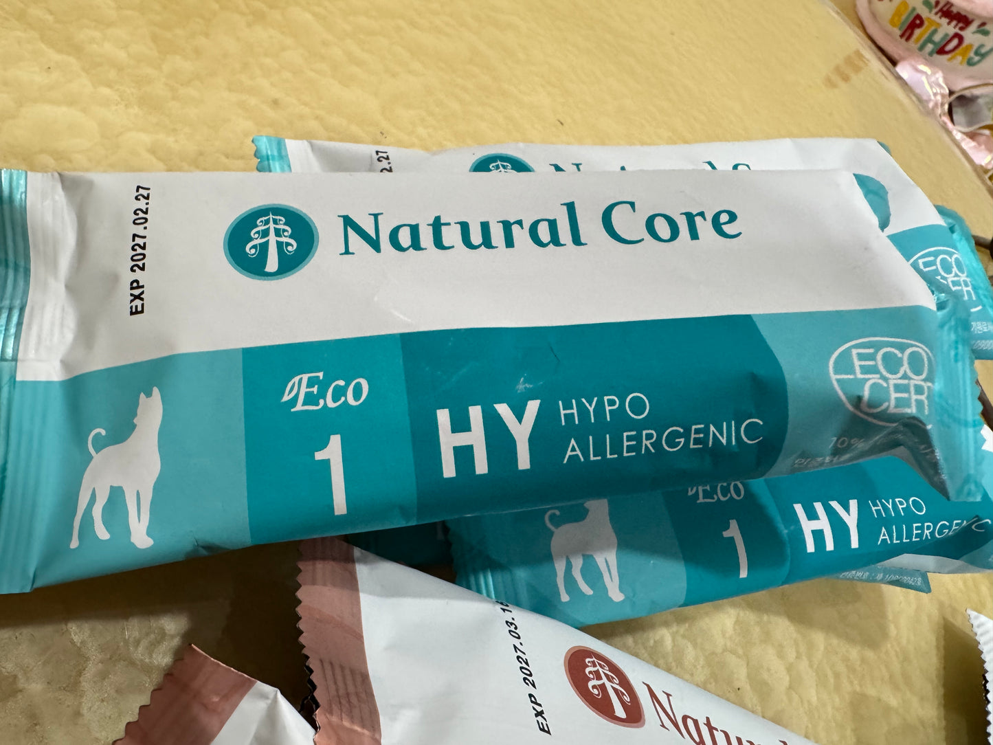 Natural Core organic dog food kept in aircon shop, individual smaller packs